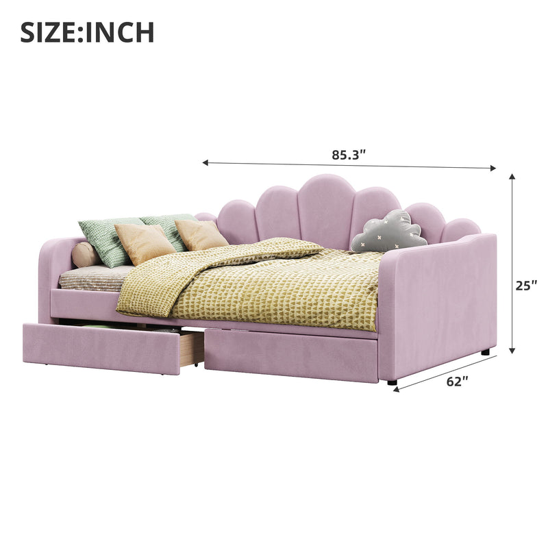 Lilac upholstered daybed frame with shell headboard and slatted mattress platform
