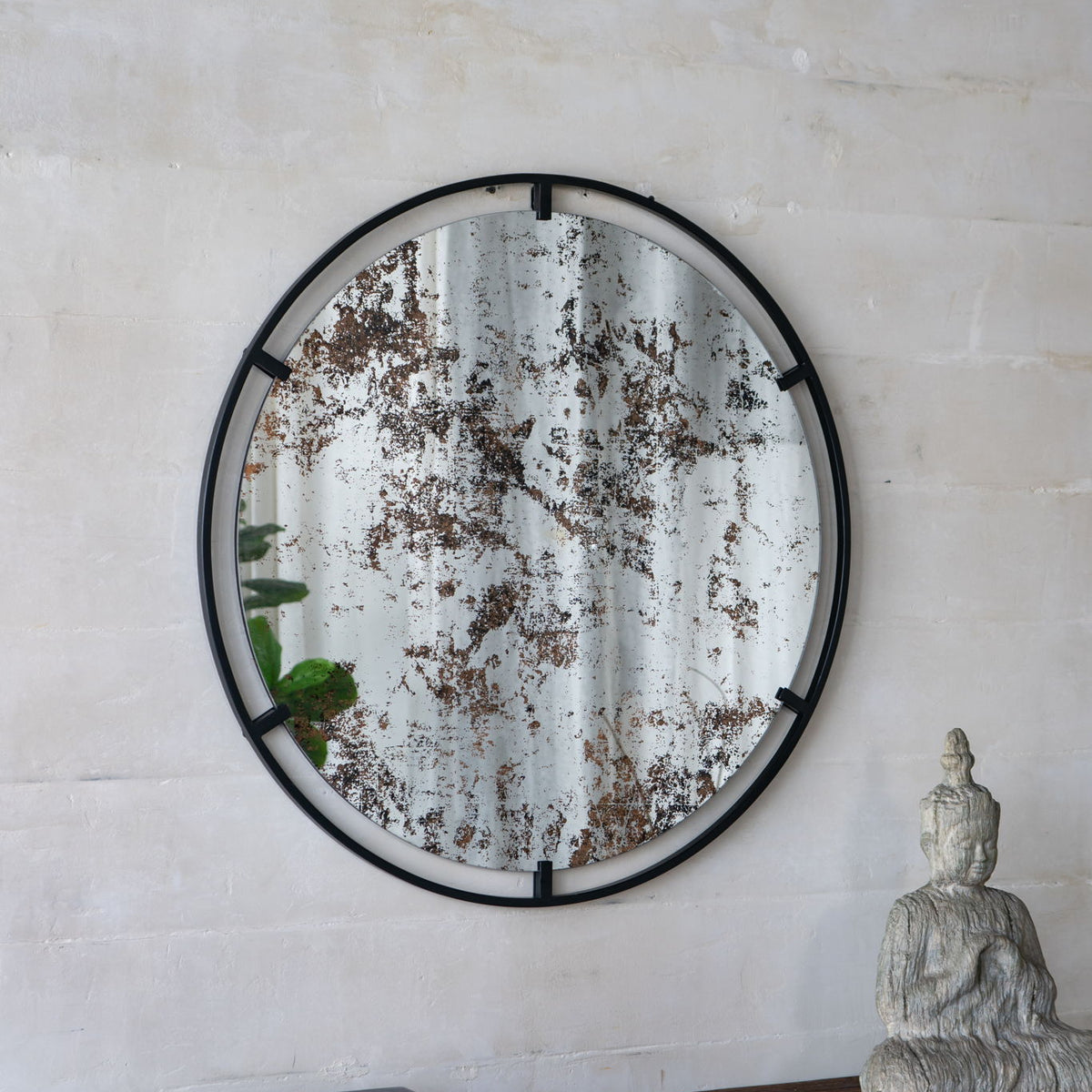 Theodor - Mirror With Industrial Design Round Mirror With Metal Frame For Wall Decor & Entryway Console Lean Against Wall - Black
