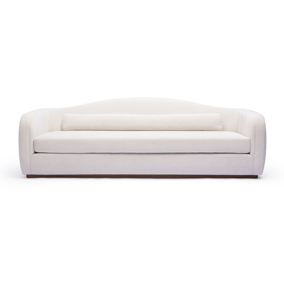 White upholstered sofa with rounded arms and box seat cushions
