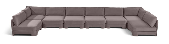 Mocha armless U-shaped sectional sofa with chaise modules and box cushions