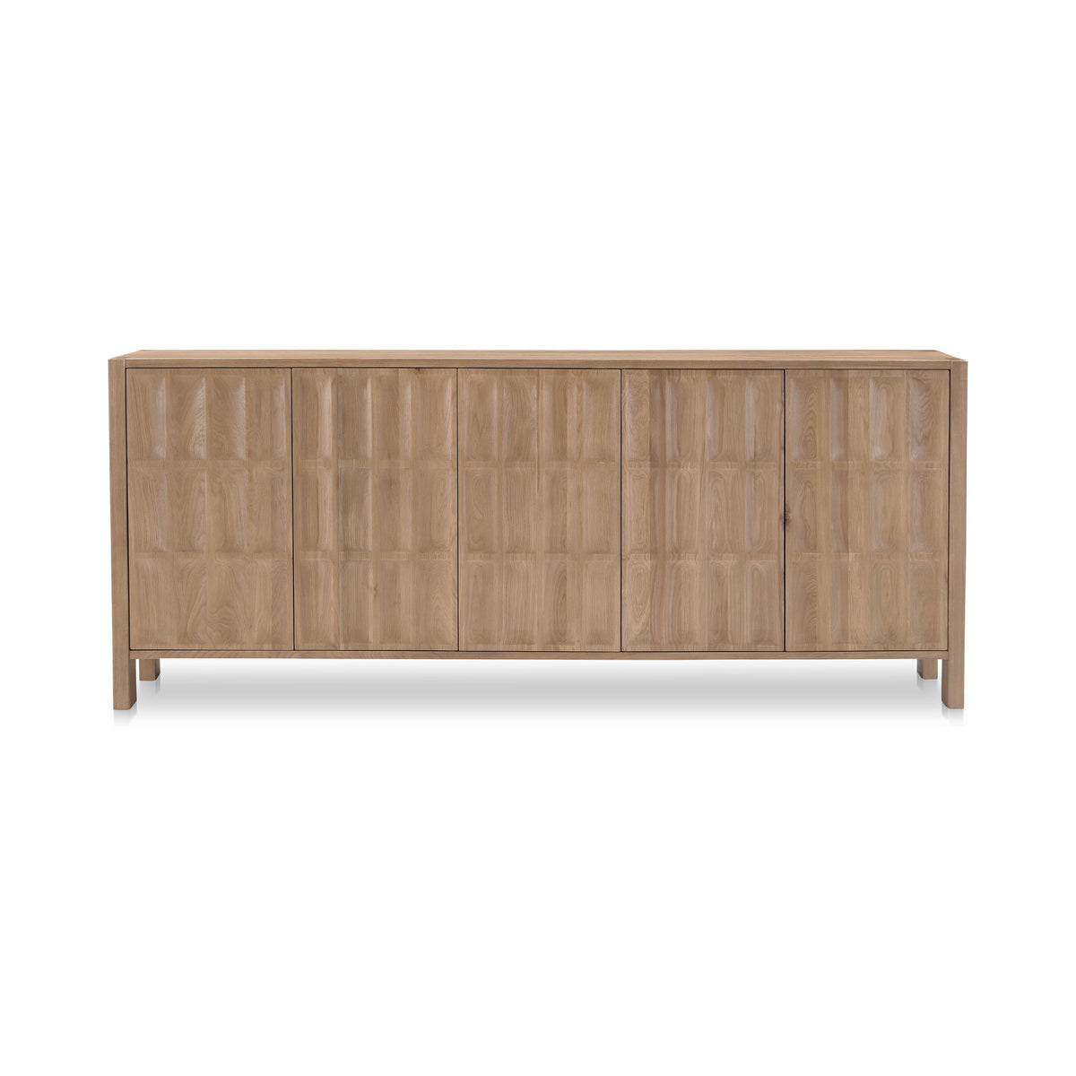 Natural wood sideboard with six paneled doors and slim legs