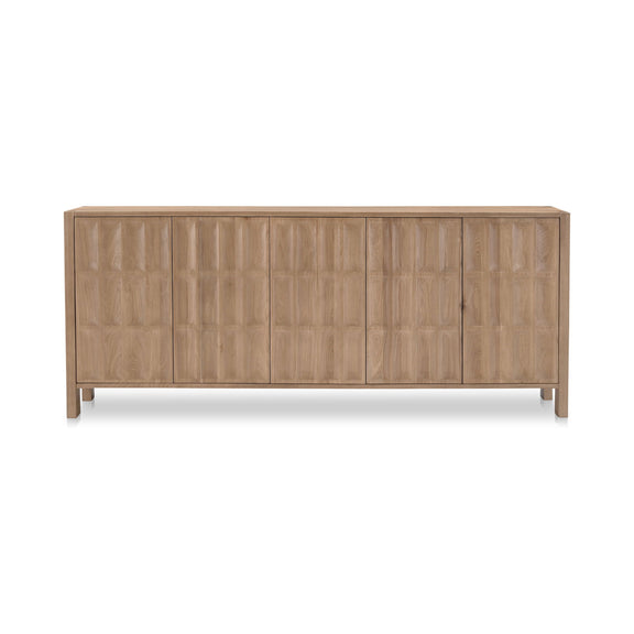 Natural wood sideboard with six paneled doors and slim legs