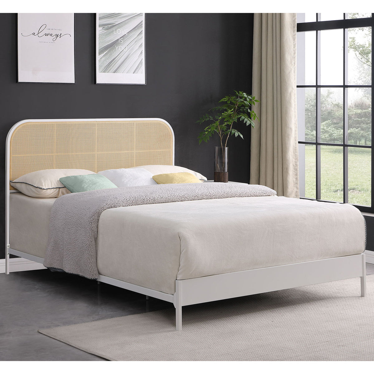 White bed frame with woven radio-style headboard and low platform base
