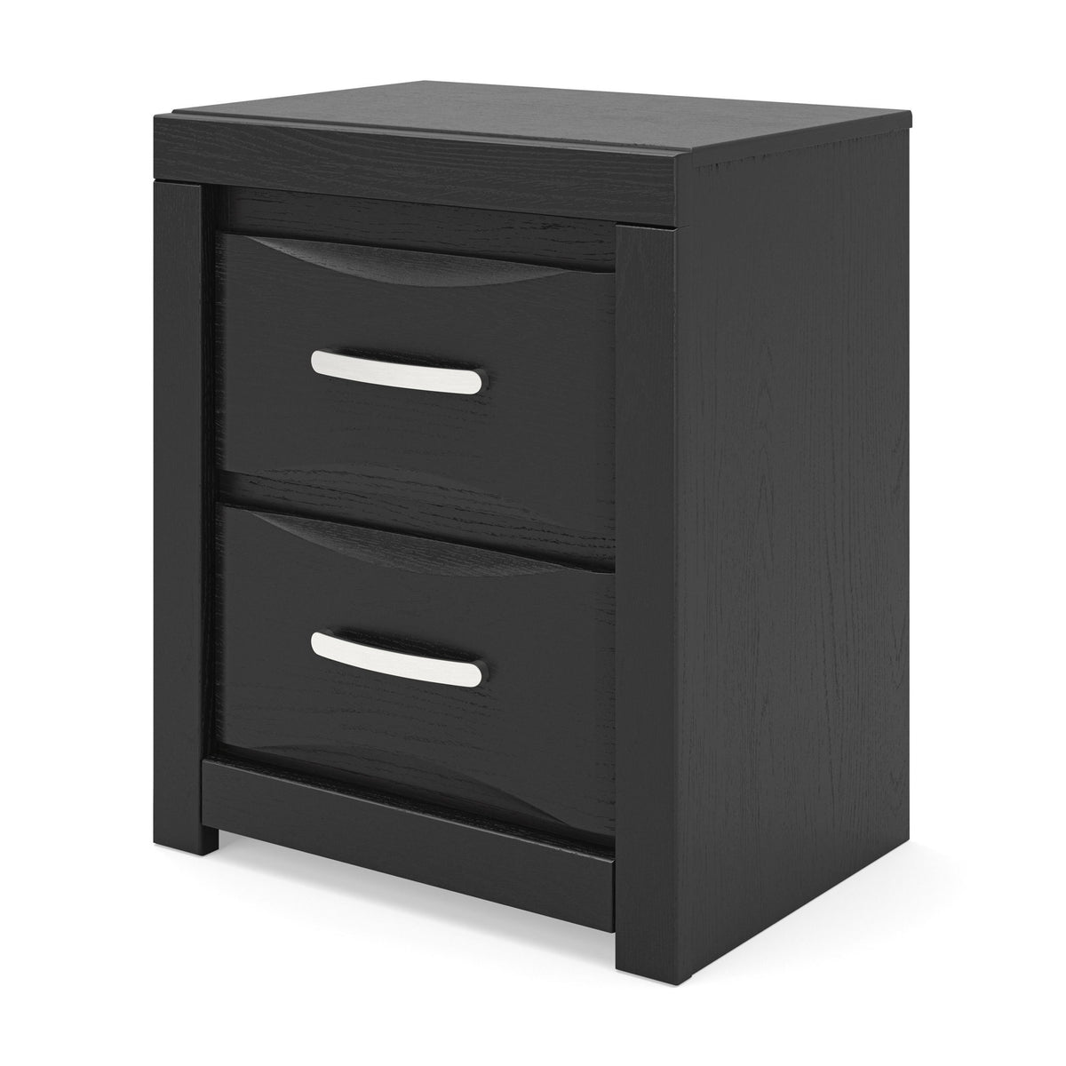Black two-drawer nightstand with two silver bar handles and clean front panel.