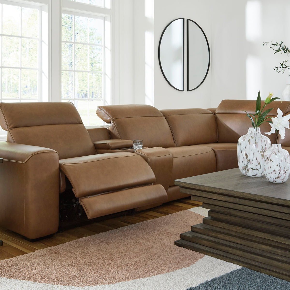 Rally-Up Caramel Leather Power Reclining Sectional