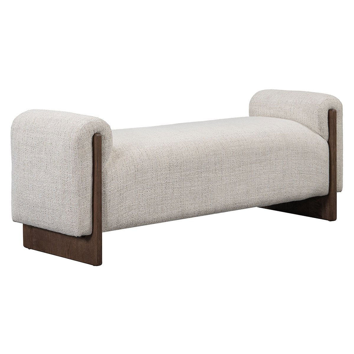 Upholstered bench with wide armrests, light sand upholstery and dark wood base