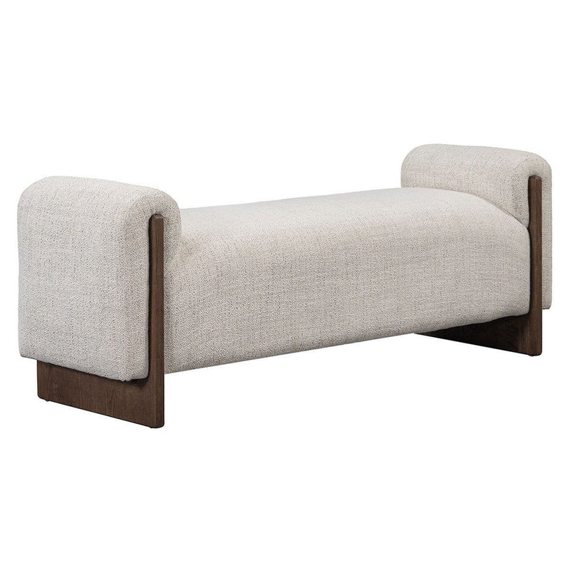 Upholstered bench with wide armrests, light sand upholstery and dark wood base