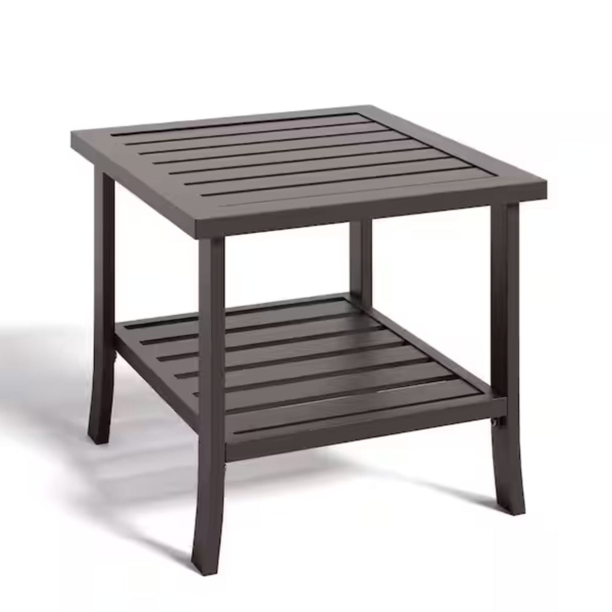 Dark brown two-tier outdoor side table with slatted square top and lower shelf