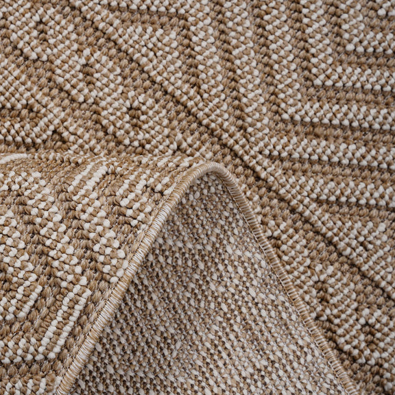 Geometric indoor/outdoor area rug, light brown and white with border edge