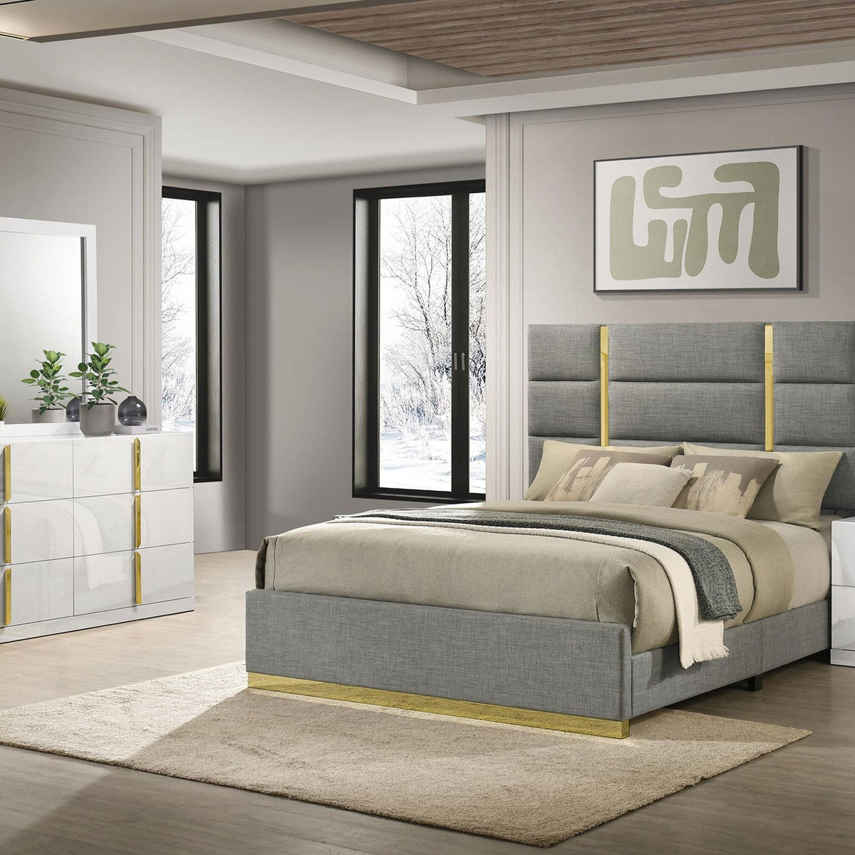 Ines 4-piece Queen Bedroom Set Grey and White High Gloss