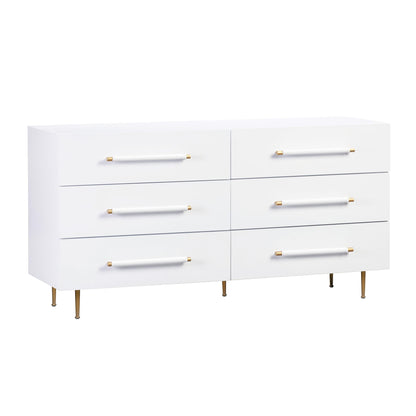 White 6-drawer dresser with gold bar handles and tapered feet