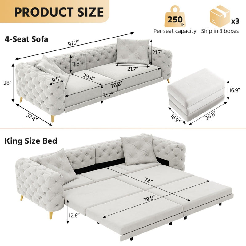 Gray convertible sleeper sofa bed mode with tufted arms and backrest—pillows included