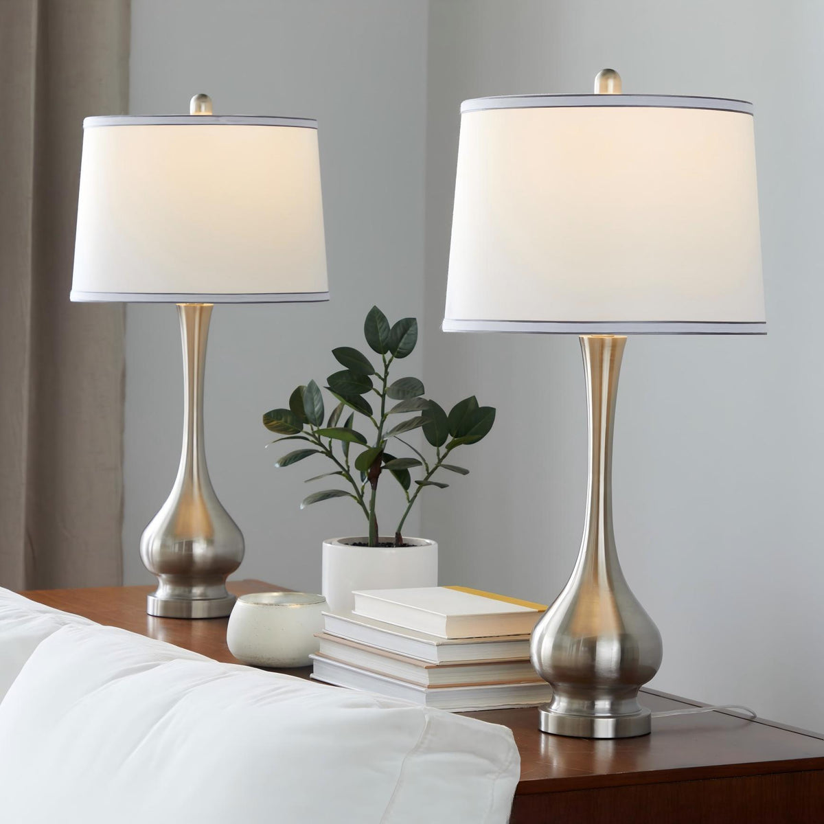 Set of 2 table lamps: nickel bases, white drum shades with silver trim