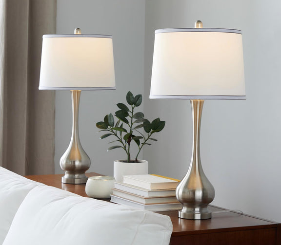 Set of 2 table lamps: nickel bases, white drum shades with silver trim