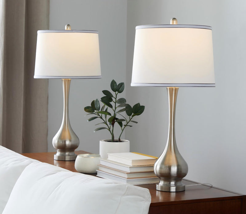 Set of 2 table lamps: nickel bases, white drum shades with silver trim