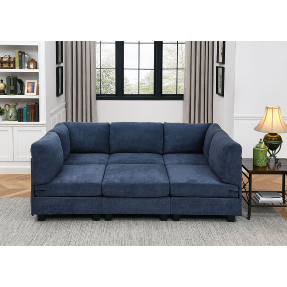 Upholstered modular sectional sofa in blue, with wide chaise and seat cushions