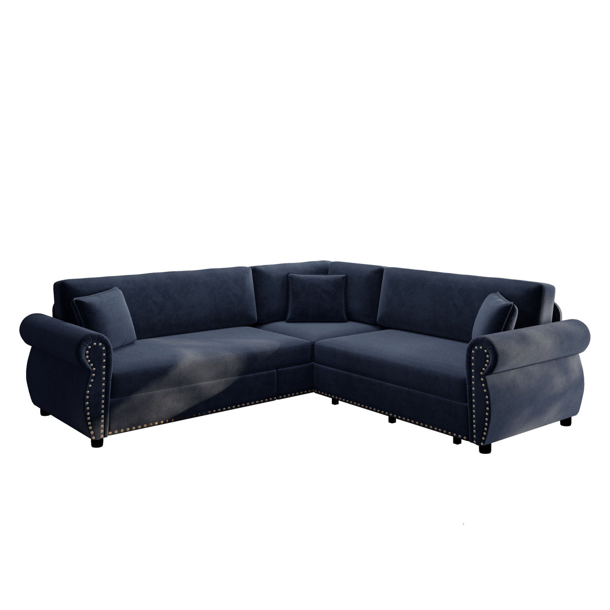 Navy blue L-shaped sectional sofa with pull-out bed, tufted side panels and armrests