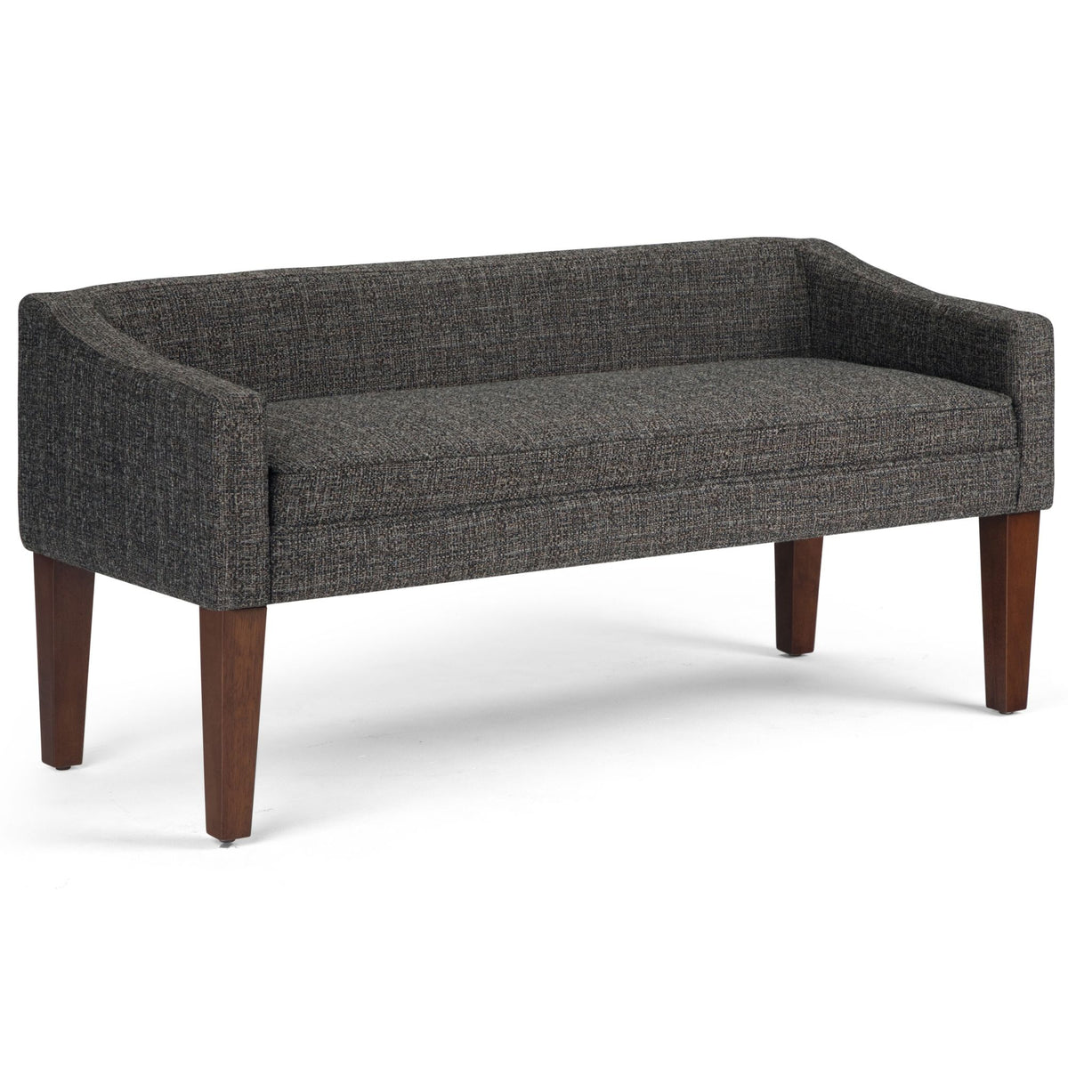 Dark gray upholstered bench with cushioned seat, boxy arms, and wooden legs