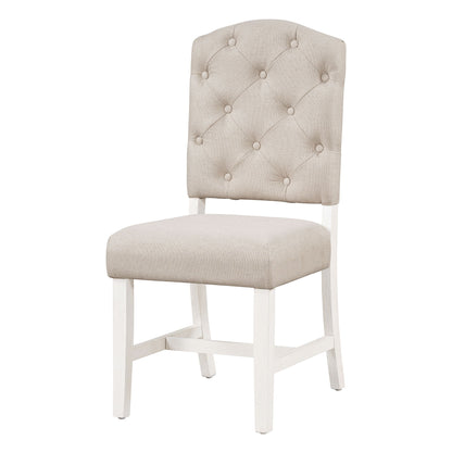 Beige upholstered dining chair with button-tufted back and padded seat, white legs