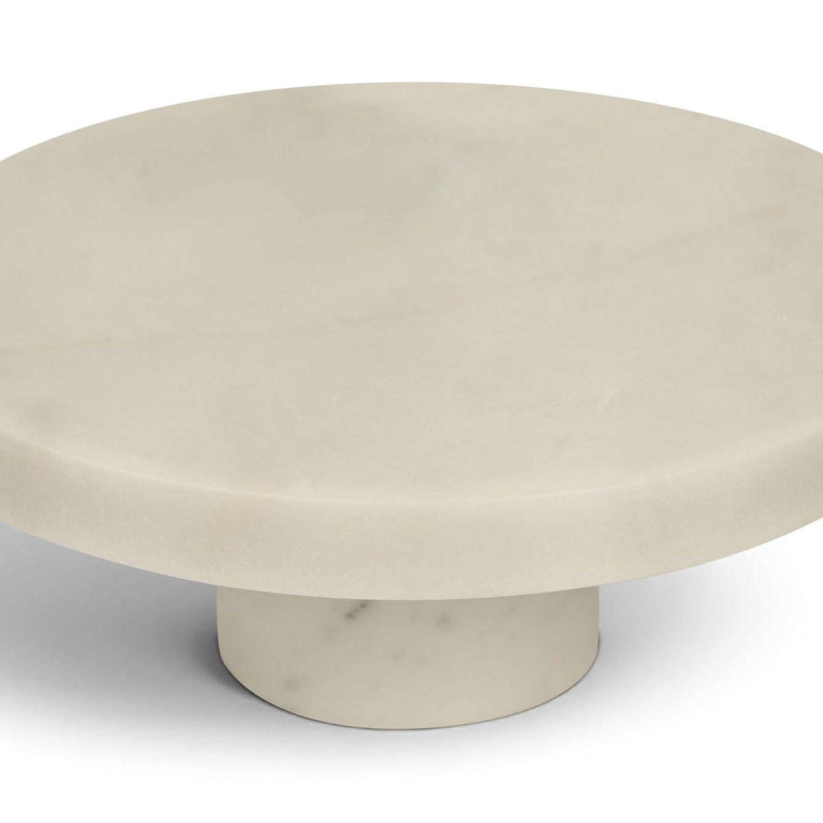 Round genuine marble tray with off-white top and pedestal base, smooth polished stone
