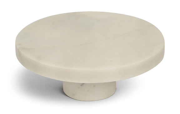 Round genuine marble tray with off-white top and pedestal base, smooth polished stone