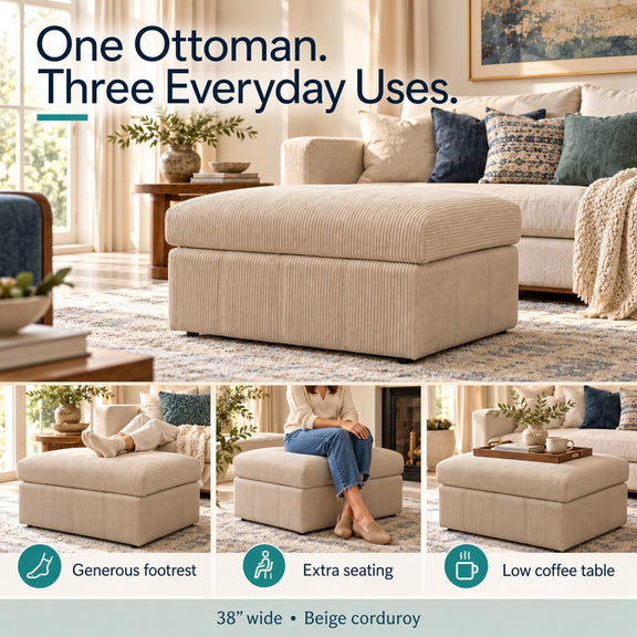 Beige ottoman shown as a footrest, extra seat, and low coffee table