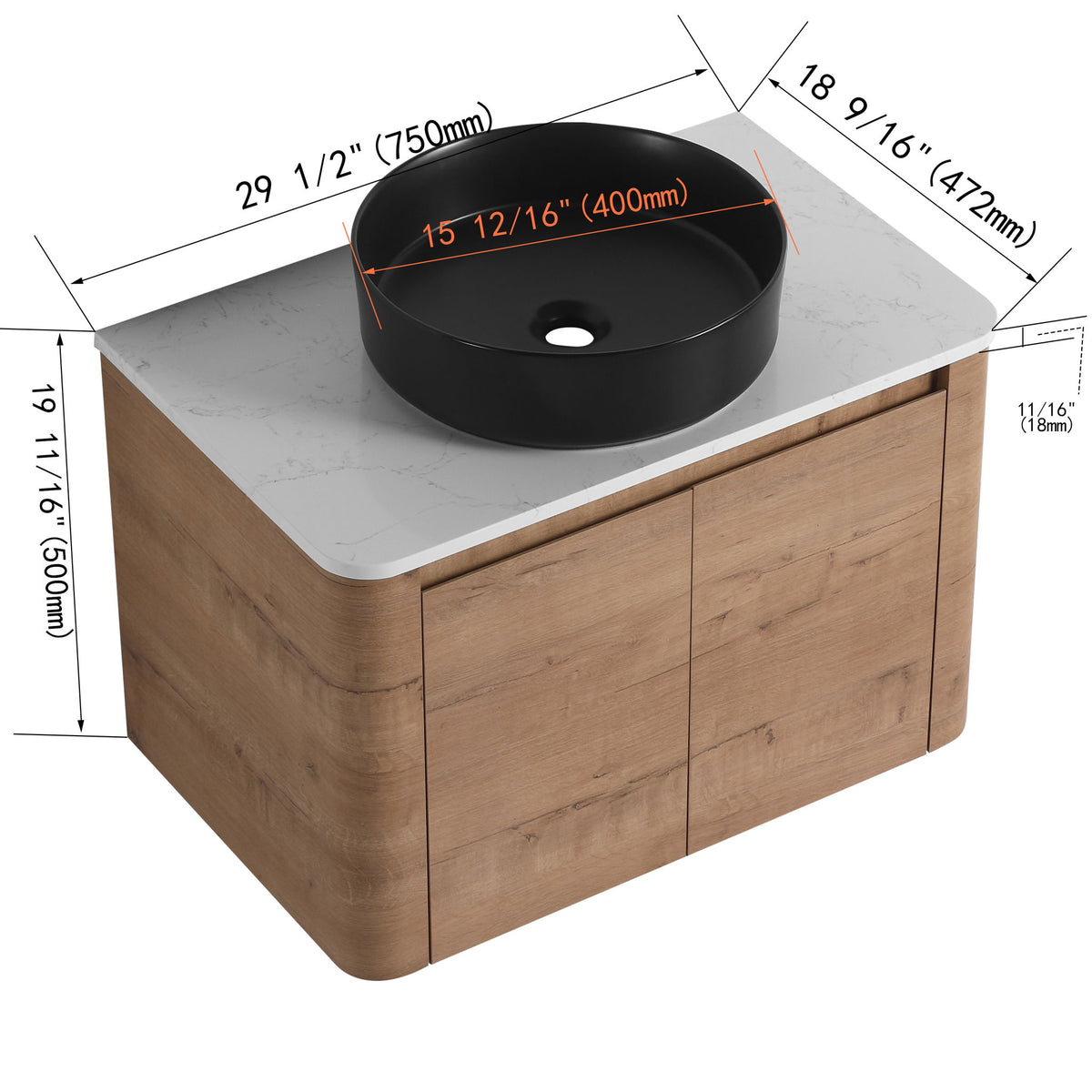 Bathroom vanity base with white countertop and black round vessel sink, light wood cabinet