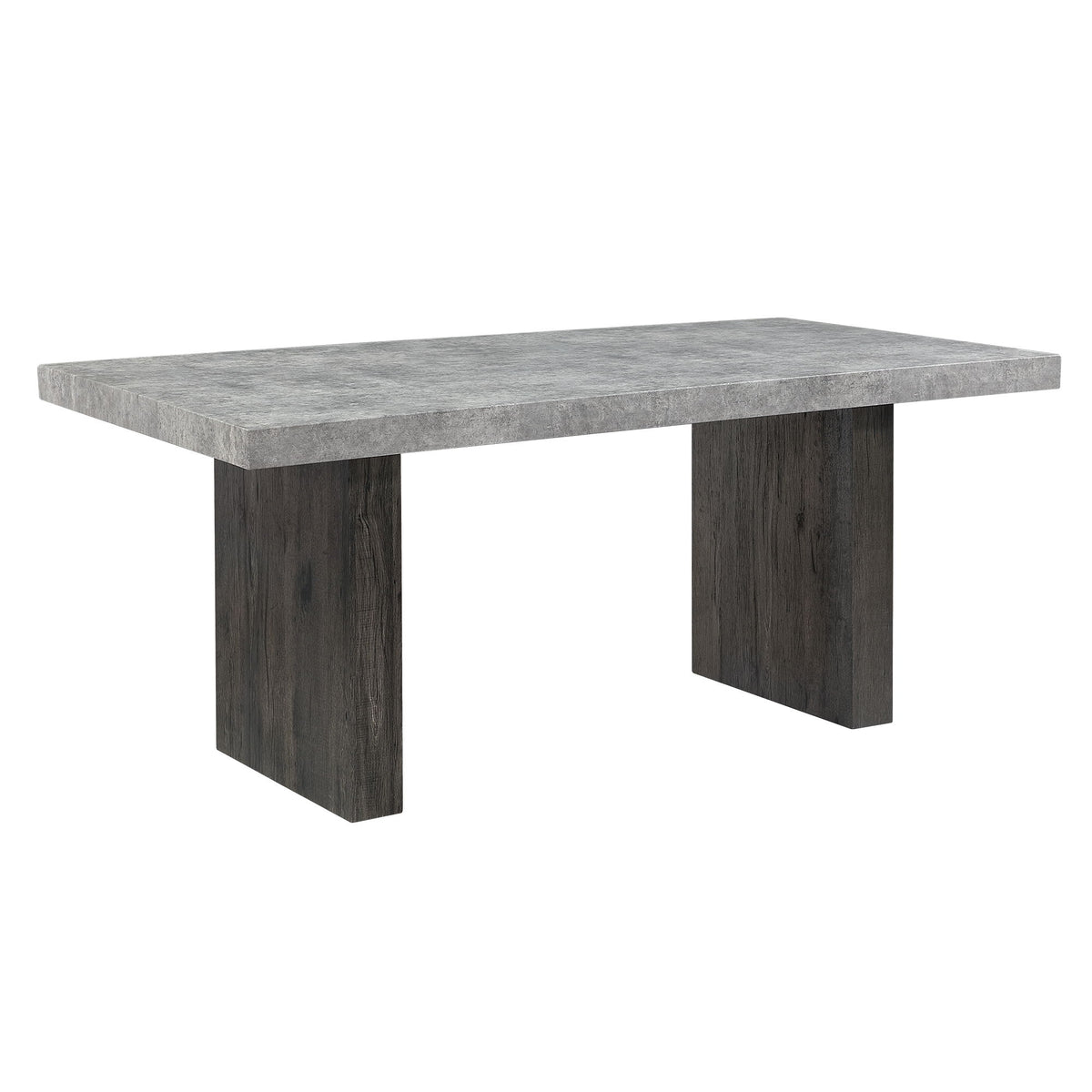Gray rectangular dining table with dark wood end supports and smooth tabletop