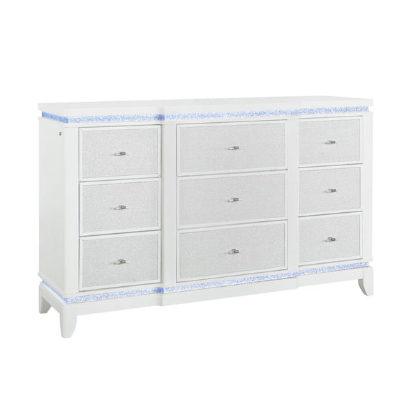 White drawer dresser with blue LED trim and glittered border details