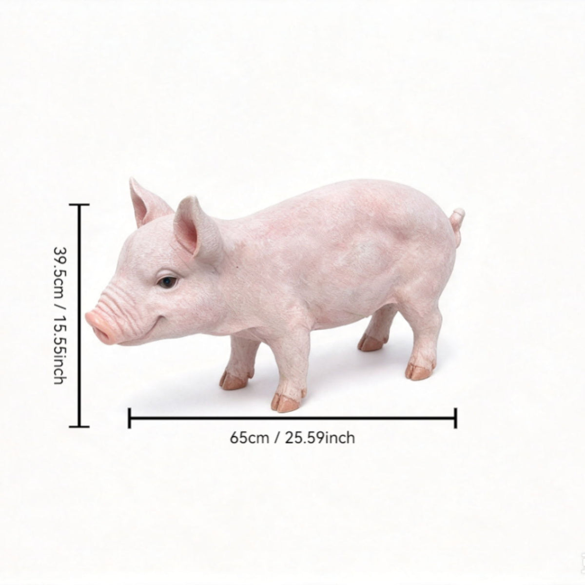 Baby pink pig garden statue figurine with size markers: 65cm length, 39.5cm height.