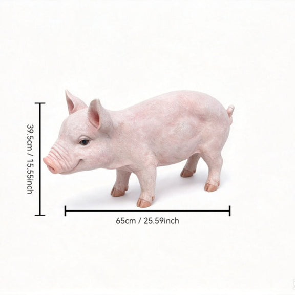 Baby pink pig garden statue figurine with size markers: 65cm length, 39.5cm height.