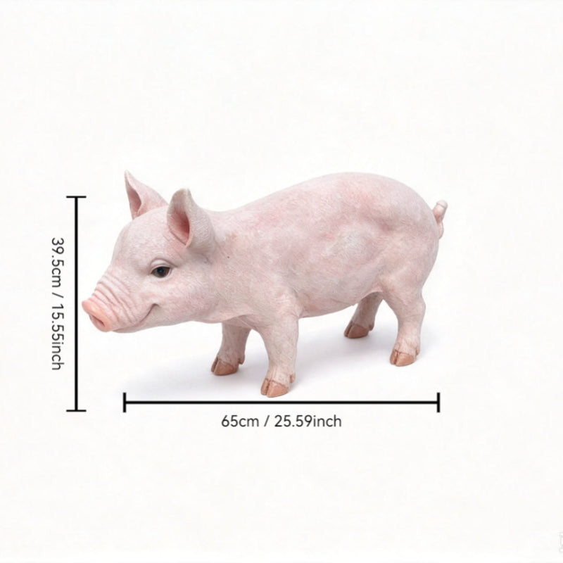 Baby pink pig garden statue figurine with size markers: 65cm length, 39.5cm height.