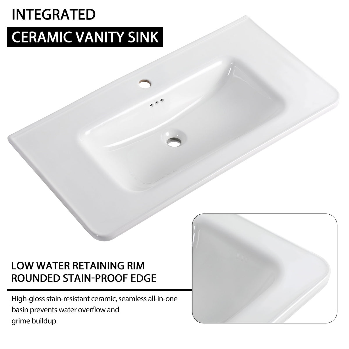 Integrated ceramic bathroom vanity sink with two faucet holes, glossy white basin
