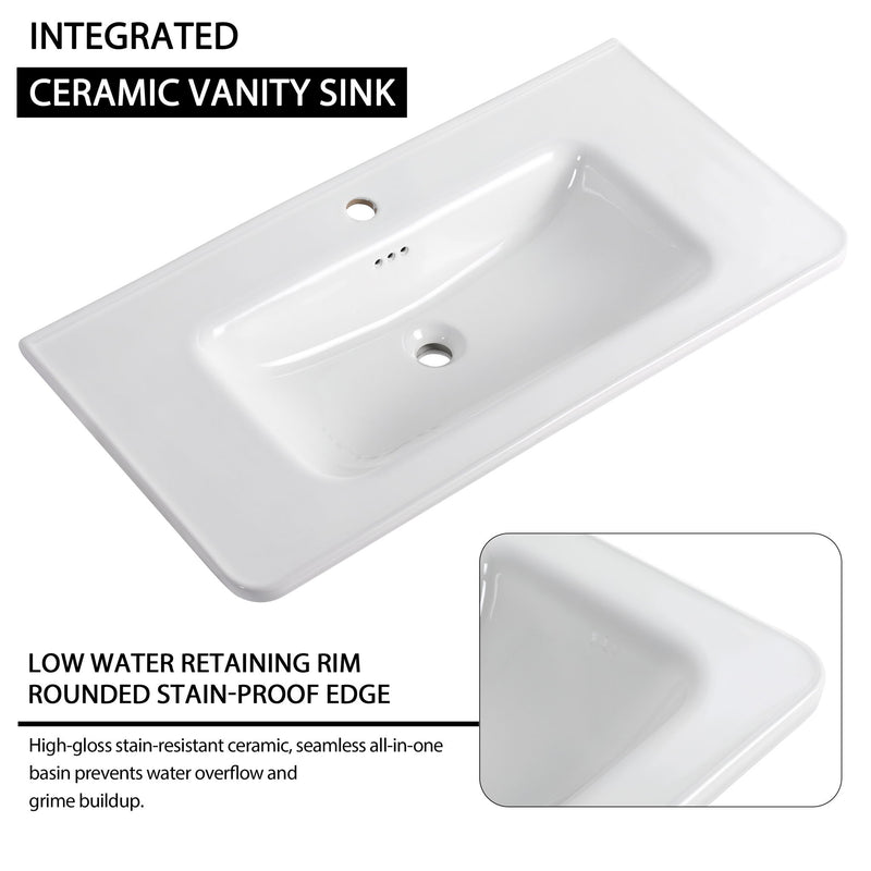 Integrated ceramic bathroom vanity sink with two faucet holes, glossy white basin