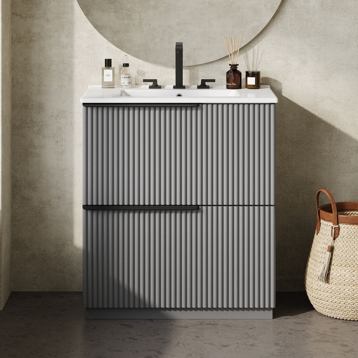 Dark gray fluted bathroom vanity with ceramic sink and two-door cabinet front view