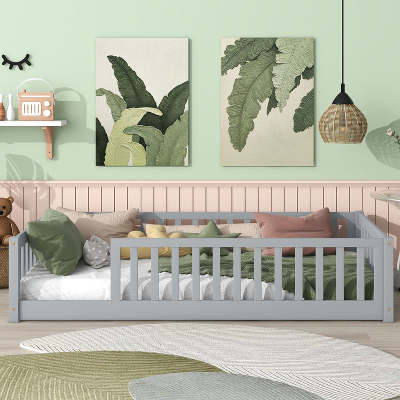Twin Size Floor Bed with Fence without Door, Rubber Wood Floor Bed with Safety Guardrails, Grey