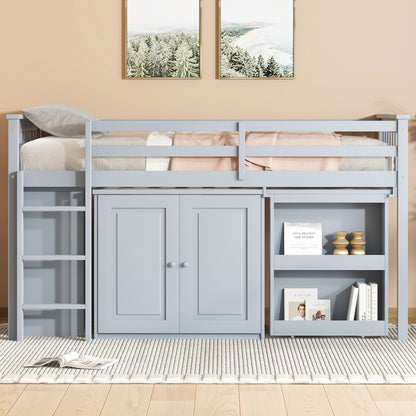 Twin Loft Bed with Storage Cabinet, Drawer and Shelf Cabinet and Pulling-Out Desk, Rubber Wood Loft Bed with Safety Guardrail, Ladder, Grey657