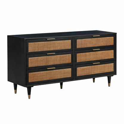 Black 6-drawer dresser with woven rattan fronts and gold-tone bar pulls, tapered legs