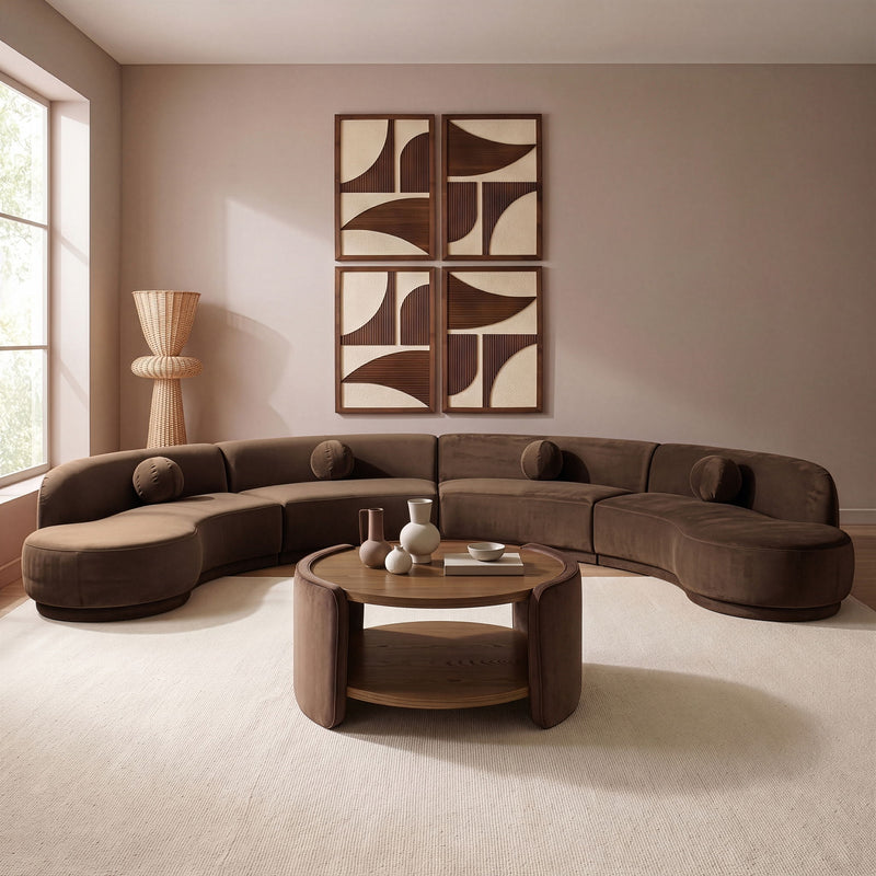 Dark brown velvet performance sectional sofa with chaise and rounded bolster pillows