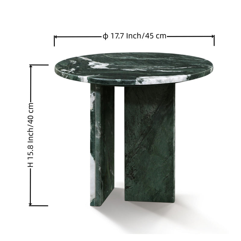 Round dark green marble coffee table with white speckled veining and thick square legs.