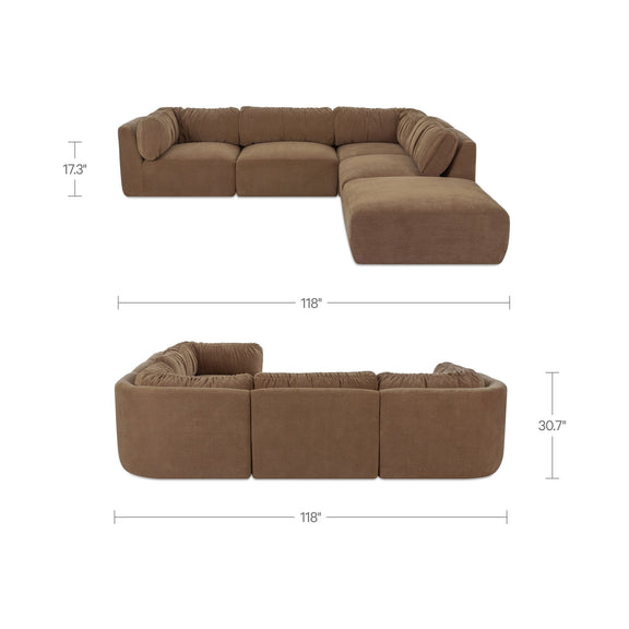 Taupe modular sectional sofa with chaise, shown with layout measurements