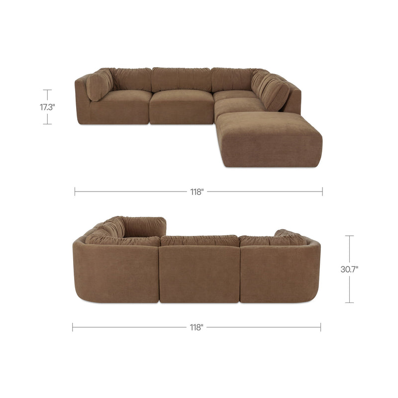 Taupe modular sectional sofa with chaise, shown with layout measurements