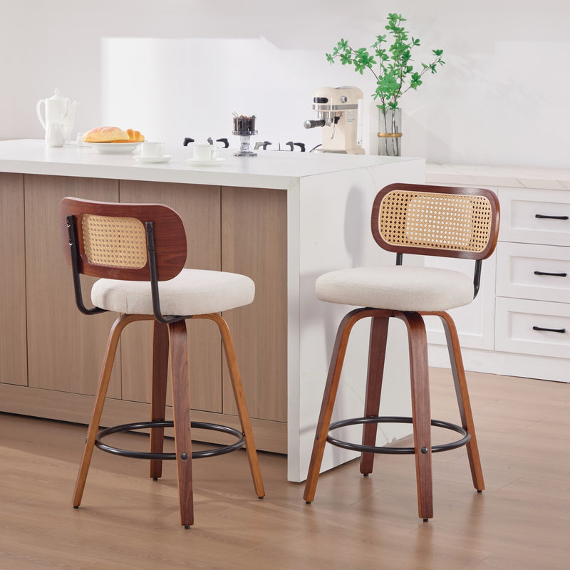 Set of 2 26-Inch Counter Height Bar Stools - Walnut Black, Cane Rattan Back, Beige Linen Upholstered Seat, Swivel Design for Kitchen Island/Bar/Counter,SW1766BG