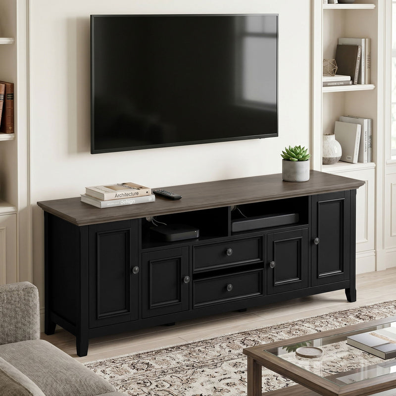 Handcrafted wide TV media stand in dark wood with cabinet doors and drawers