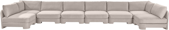 Light gray velvet armless sectional sofa with low back and padded seat cushions