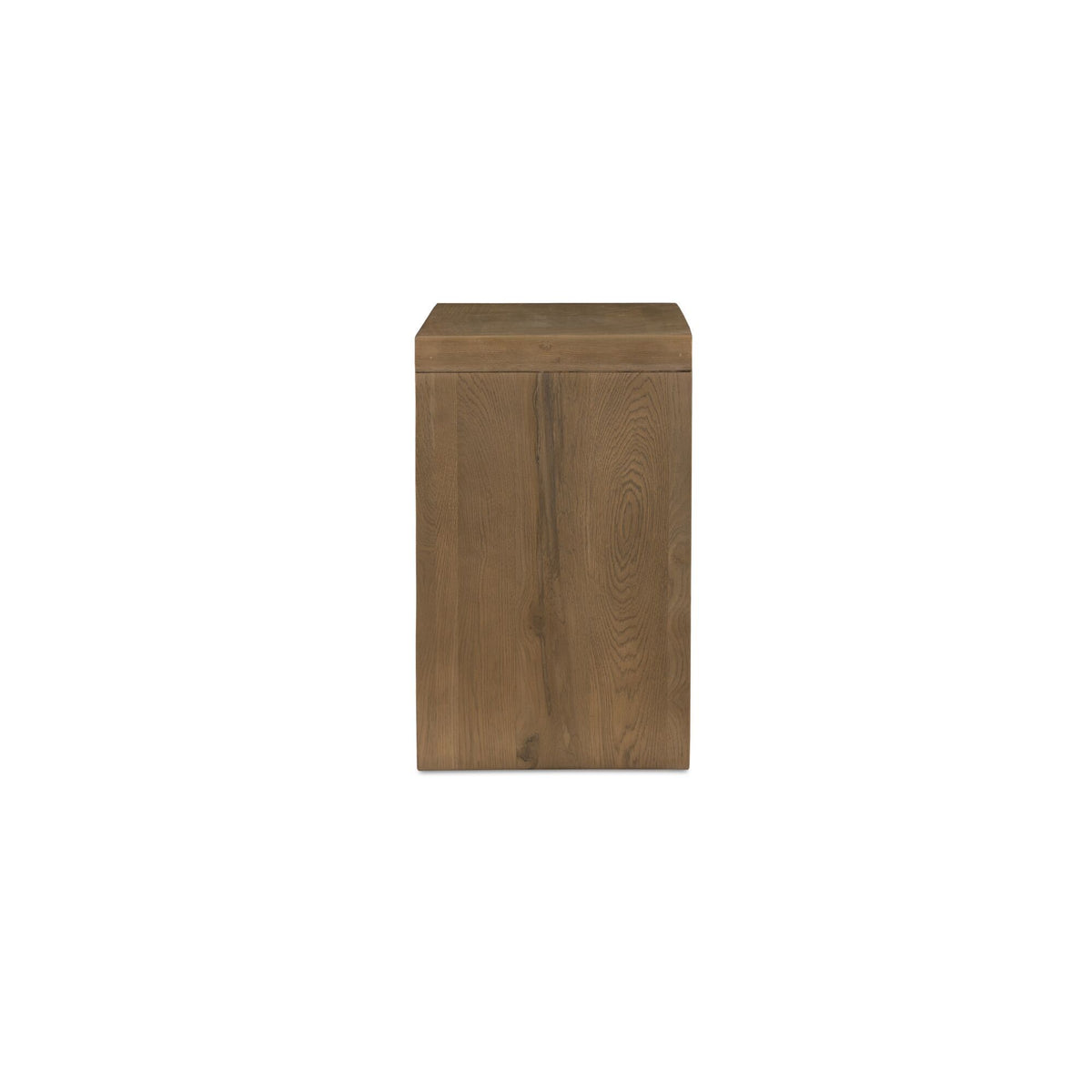 Side view of oak nightstand with a solid wood panel