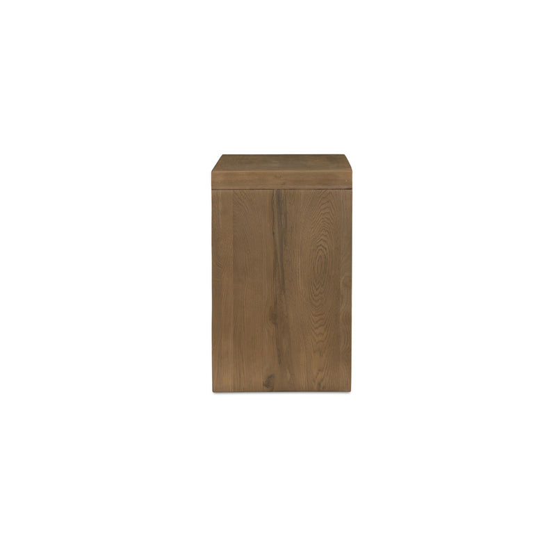 Side view of oak nightstand with a solid wood panel