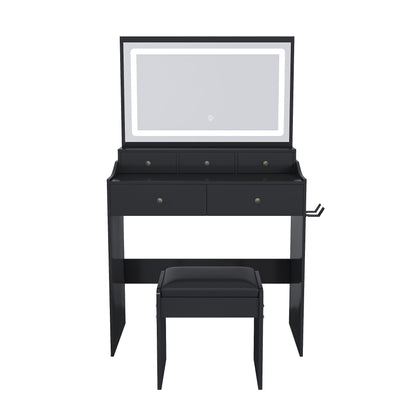 Black makeup vanity set with lighted mirror, drawers, hair dryer holder, and stool
