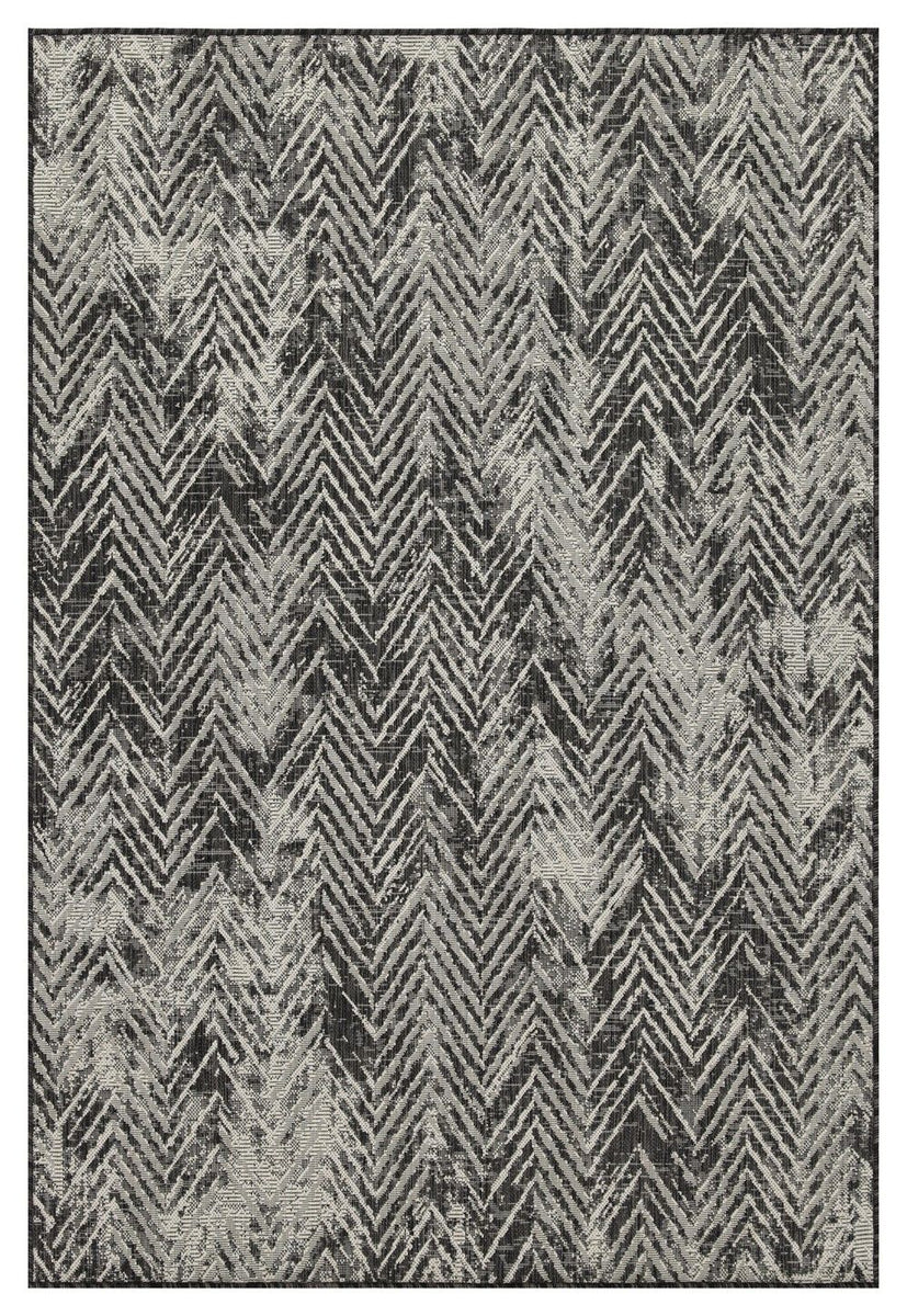 Indoor/outdoor area rug, dark gray chevron on light gray background, rectangular