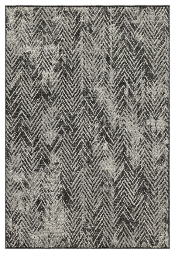Indoor/outdoor area rug, dark gray chevron on light gray background, rectangular